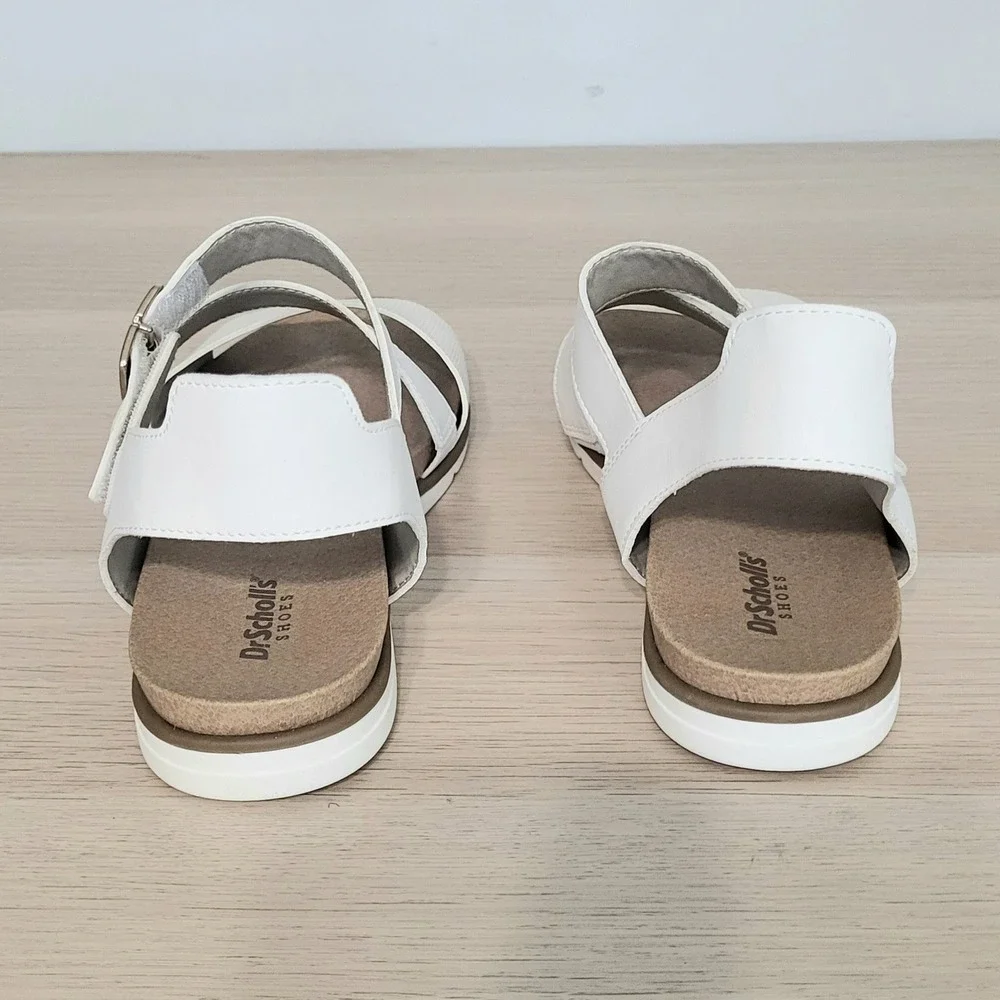 Dr Scholl's Timeless Fun Sandals White Tan Strappy Buckle Foam Footbed 8